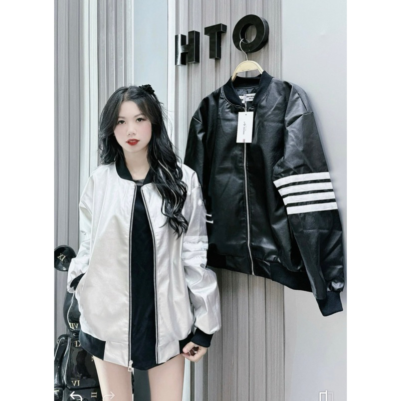 áo khoác da thom bạc - đen 2 lớp