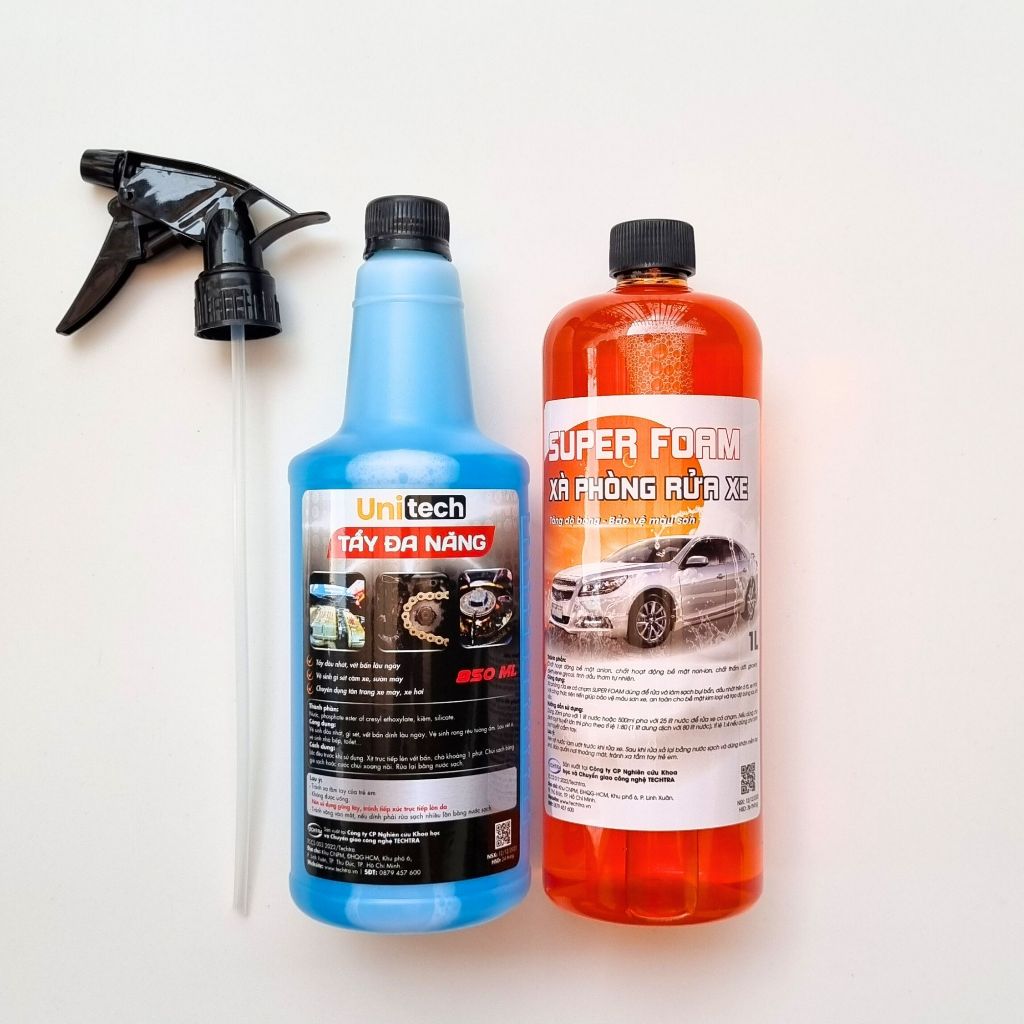 Combo 2 chai rửa xe & rửa sên (Xà phòng bọt tuyết SUPER FOAM + Tẩy đa năng UNITECH)