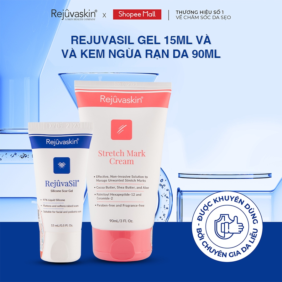 Combo chăm sóc da Rejuvaskin làm xẹp sẹo lồi, sẹo phì đại Silicone Rejuvasil Gel 15ml và làm mờ vết rạn da 90ml