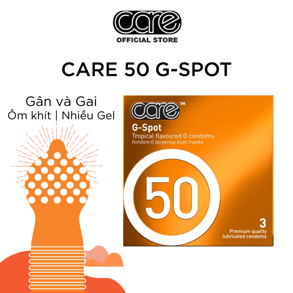 Bao Cao Su Có Gai Và Gân CARE 50 Nhiều Gel Bôi Trơn Kéo Dài Thời Gian, bcs Siêu Mỏng- Hộp 3 Bcs gai