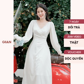 Váy trắng dự tiệc dáng dài cổ V phối ren thiết kế đính ngọc tinh tếchính hãng GIIAN - VA0116