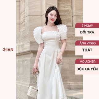 Váy trắng dáng dài tay bồng thiết kế cổ vuông đính hoa chính hãng Giian - VA0231