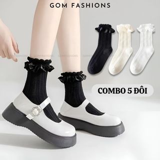 Set 5 đôi vớ tiểu thư Hàn Quốc  GOMTAT viền ren, chất liệu sợi poly mềm mại hút ẩm thoáng khí êm chân - HOT-1802-CB5