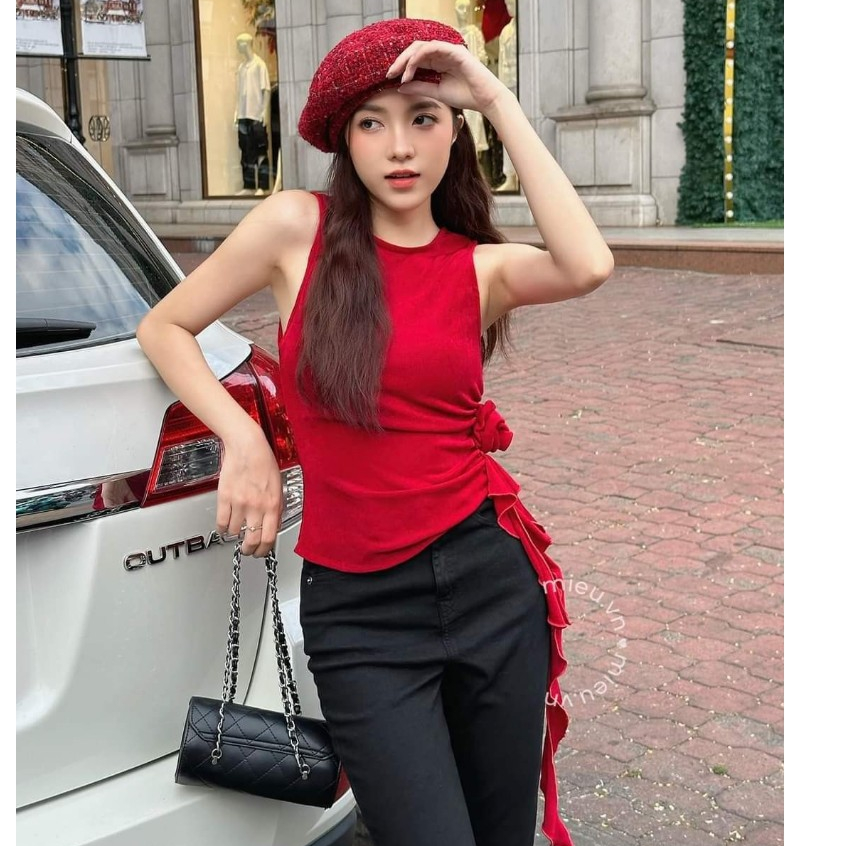 BARE_Áo ba lỗ croptop nữ vải nhũ ánh kim, áo sát nách nữ tthiết kế hoa hông sành điệu, sang chảnh - A275