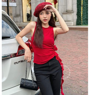  BARE_Áo ba lỗ croptop nữ vải nhũ ánh kim áo sát nách nữ tthiết kế hoa hông sành điệu - A275 