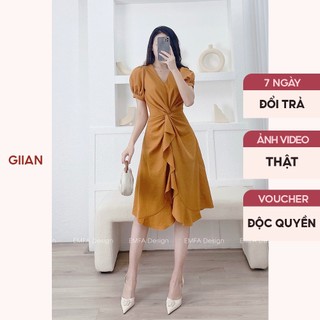 Váy đi biển đuôi cá tay bồng vải đũi xước thiết kế xẻ tà đan eo chính hãng Giian - VA0137CK