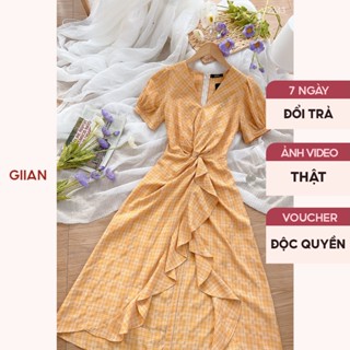 Váy caro dáng dài vintage tay bồng xoắn eo xả tà cách điệu thương hiệu Giian - VA0137VK