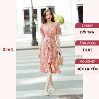Váy dáng dài tay bồng kẻ caro thiết kế cổ V xoắn eo xẻ tà cách điệu chính hãng GIIAN - VA0137