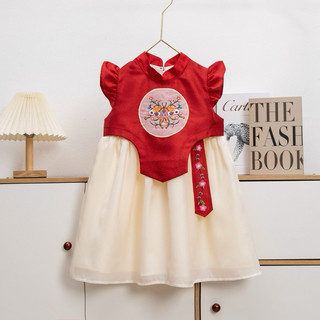 Váy hanbok cách tân thêu hoa đỏ cho bé từ 10-26kg