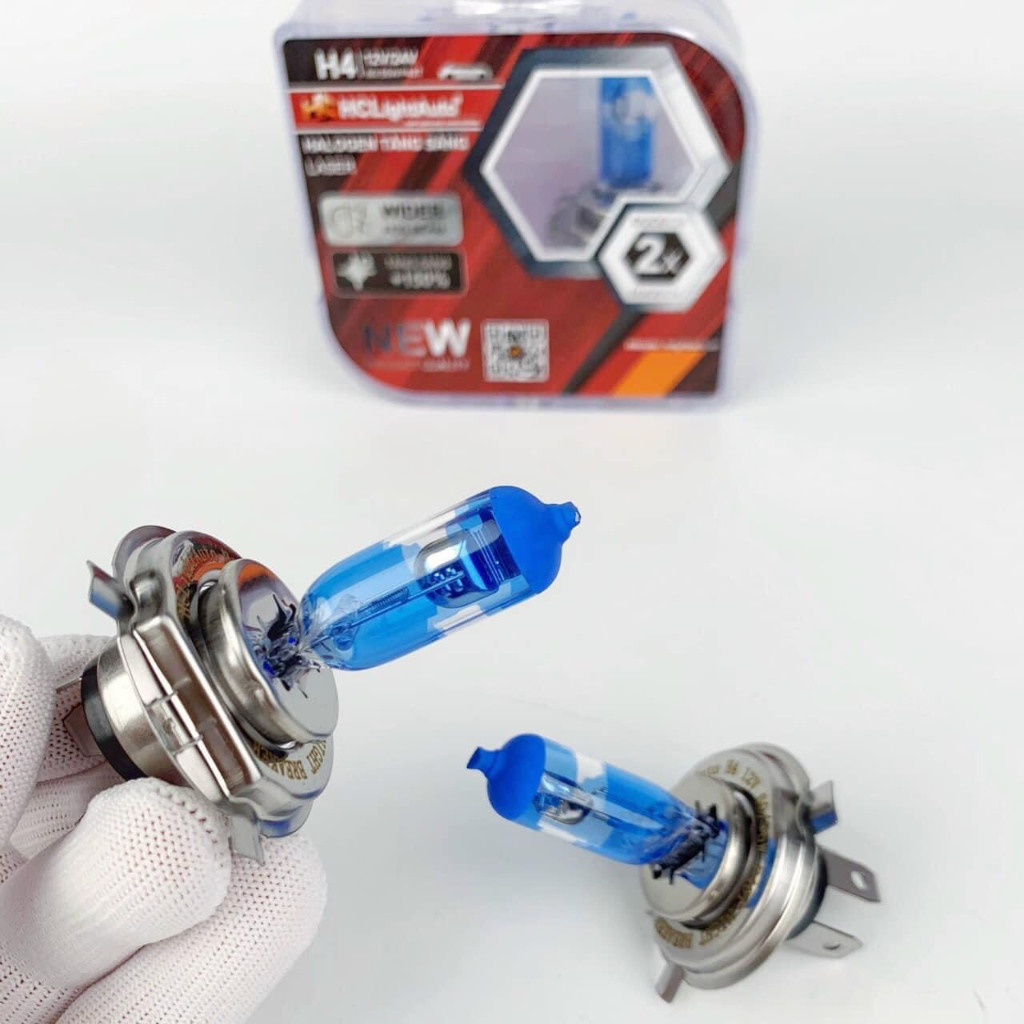 Bóng đèn h4  tăng sáng 150%, Cặp bóng pha tăng sáng HCL H4 đầu xanh siêu sáng (Hộp 2 chiếc).