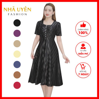 Siêu phẩm Đầm Dự Tiệc Trung Niên Cao Cấp . Thun Lụa Sọc nhập hàn quốc mềm mịn đẹp M400