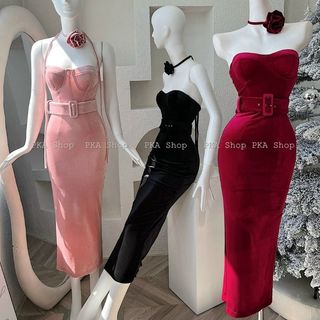 Váy body | Đầm body dự tiệc dáng dài | Đầm body cúp ngực mix chocker cổ kèm belt sang chảnh