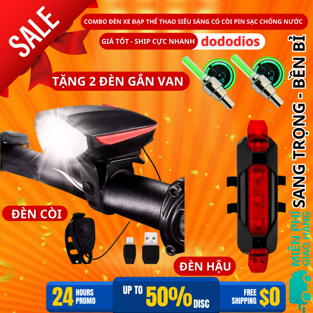 [Combo Tiết Kiệm] 2 Đèn Gắn Van Xe Đạp + 1 Đèn Cảnh Báo Chiếu Hậu Mã 02 + 1 Đèn Xe Đạp Thể Thao Kèm Còi To - Dododios