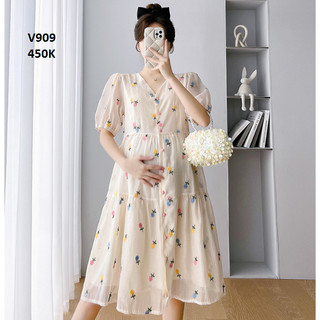 Đầm bầu tết voan tơ V909 đi tiệc đi chơi