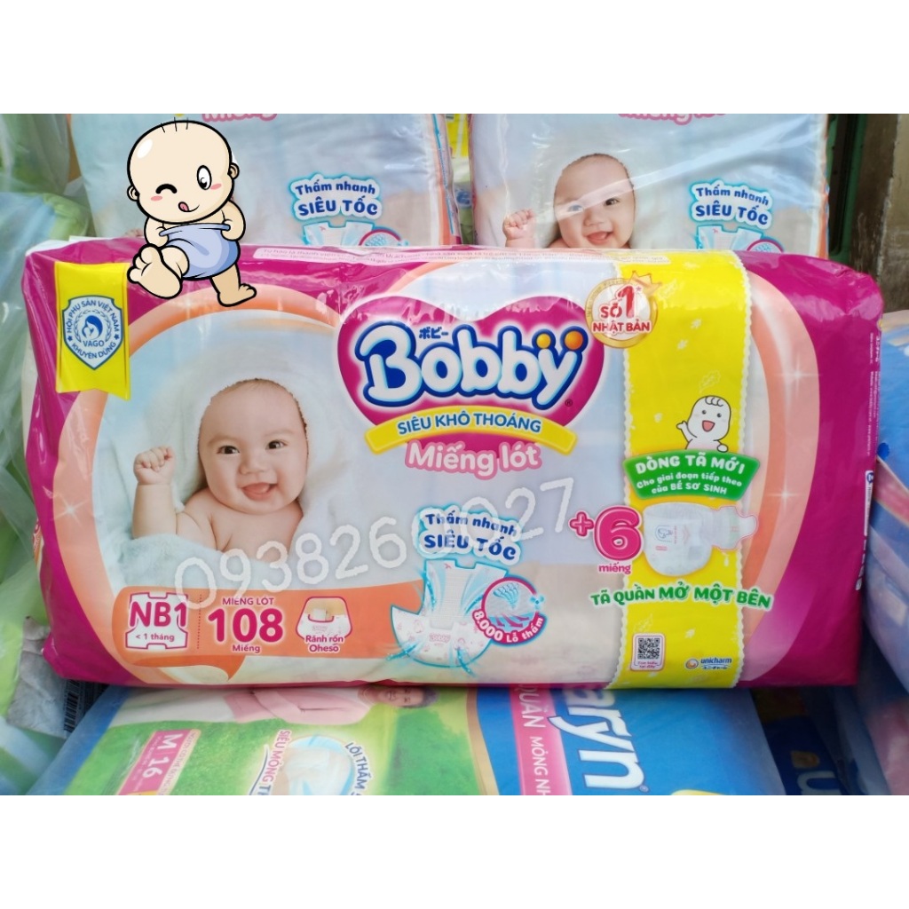 Miếng Lót Sơ Sinh Bobby NB1 108 miếng + Tặng 6 Tã Quần mở 1 bên