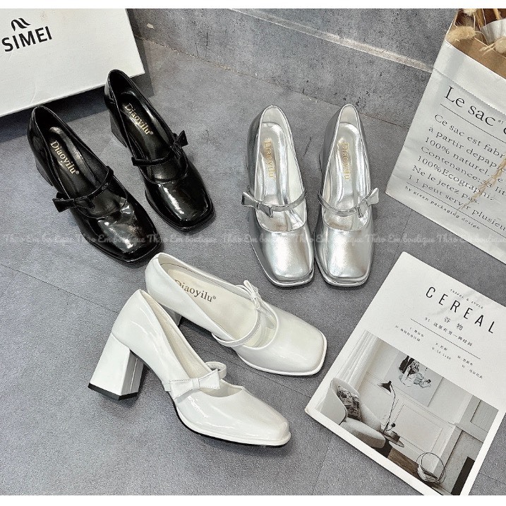 Giày búp bê gót vuông phối nơ 7cm -P17- Giày cao gót nữ Lolita mẫu mới - Phom chuẩn