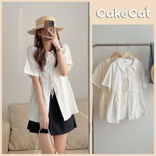 Áo Sơ Mi - Áo Sơ Mi Nữ Cách Điệu Buộc Dây Áo Sơ Mi Chất Đũi Thô Mát Cakecat