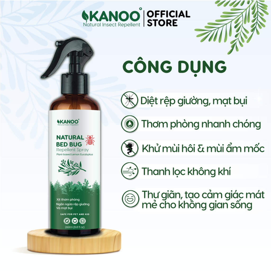 Chai xịt ngăn rệp giường Natural Bed Bug Kanoo diệt ve bọ, mạt bụi thành phần từ thảo dược tự nhiên. Bình xịt thơm phòng