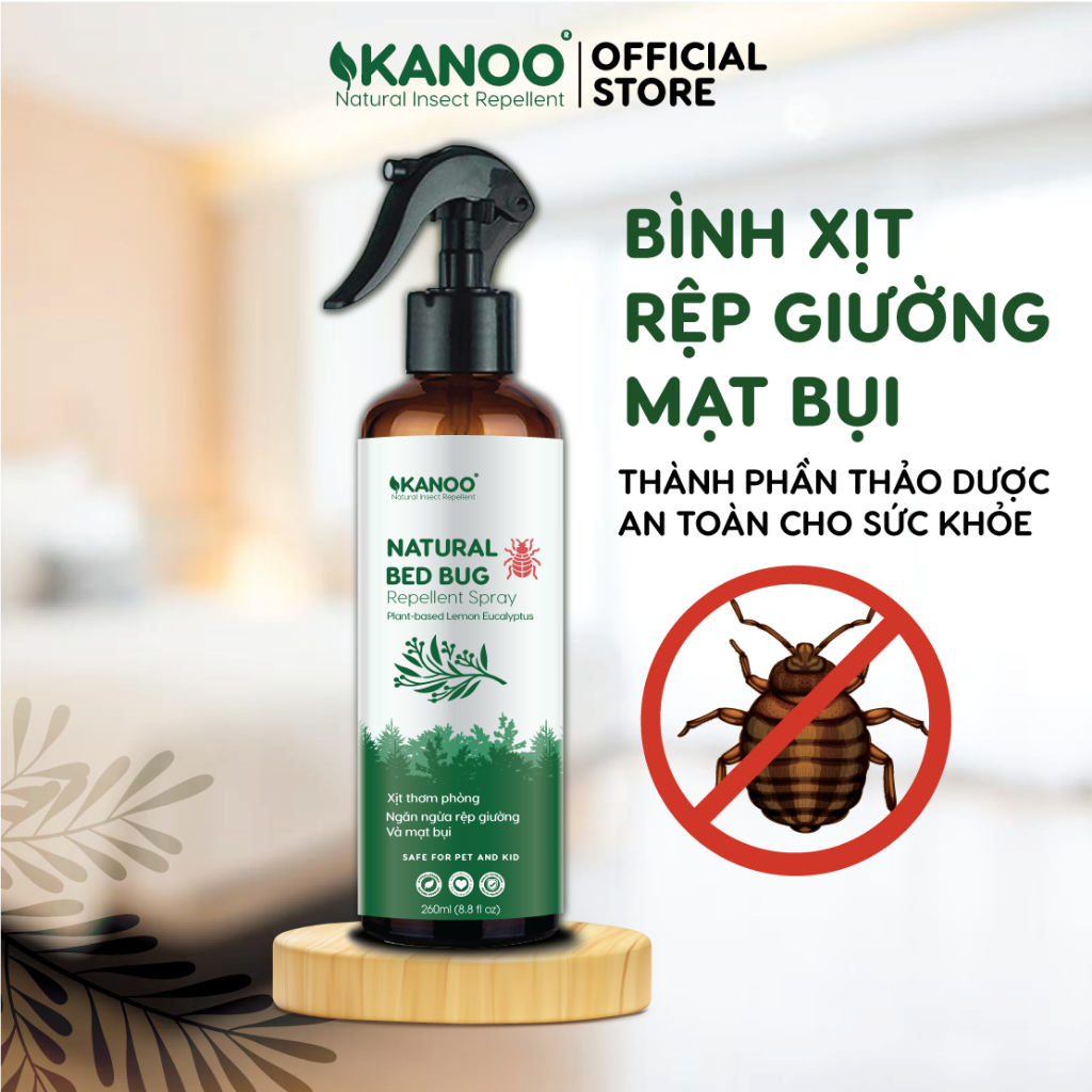 Chai xịt ngăn rệp giường Natural Bed Bug Kanoo diệt ve bọ, mạt bụi thành phần từ thảo dược tự nhiên. Bình xịt thơm phòng