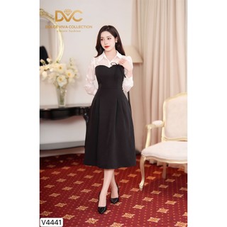 VÁY THIẾT KẾ DVC - V4441 - Váy xòe đen phối trắng, cổ sơ mi, dài tay -  DỰ TIỆC, CÔNG SỞ, DẠO PHỐ