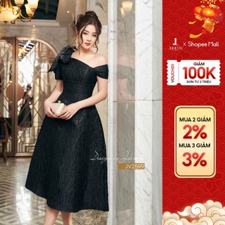 Váy nữ phối vai đính hoa bản to thiết kế trễ vai bản to dáng xòe thương hiệu IFY DESIGN - VA0071