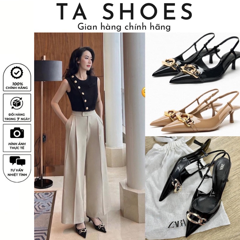 Giày Sandal Zr mũi nhọn hở gót mặt phối xích Hàng Loại 1 Fullbox, Giày guốc cao gót da bóng 5cm sang chảnh màu đen nude