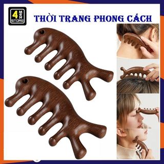 Lược Gỗ Đàn Hương Năm Cánh Massage Da Đầu Giúp Giảm Căng Thẳng, Lưu Thông Máu, Ấn Huyệt - Lược Mát Xa Giảm Stress Cá Heo