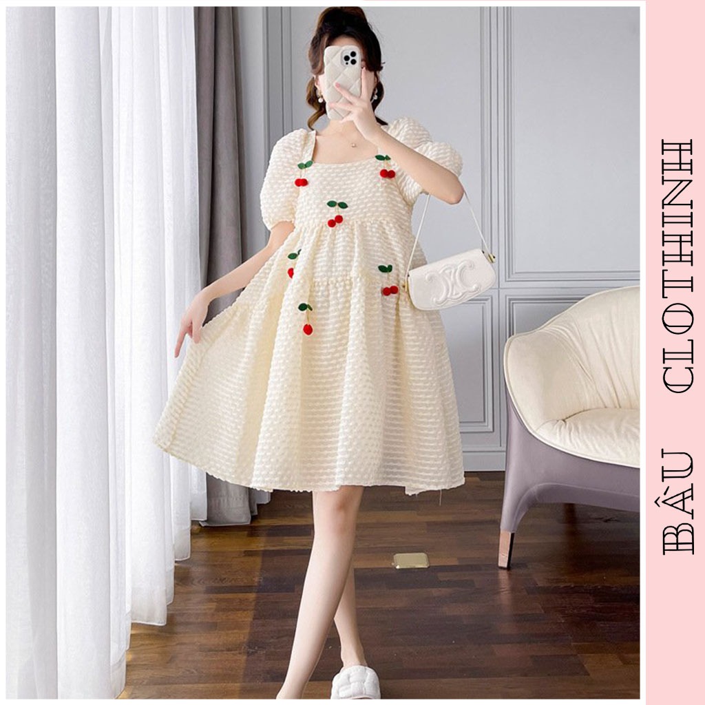 VÁY BẦU CỔ VUÔNG V710 DÁNG SUÔNG FORM RỘNG CHẤT THUN XỐP TAY BỒNG HOA CHERY ĐỎ ĐIỆU ĐÀ - ĐẦM BẦU CÔNG SỞ DỰ TIỆC ĐẸP