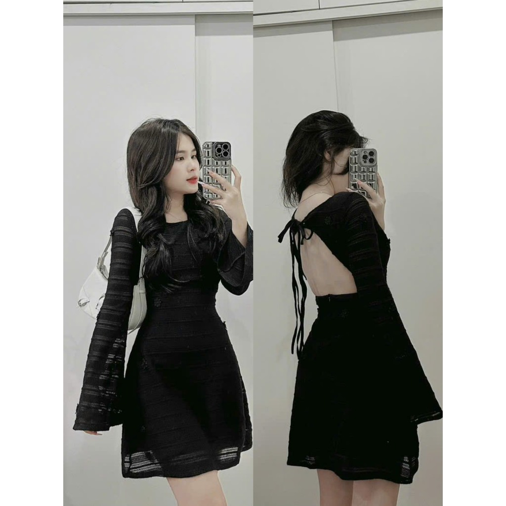 Đầm tay loe đen ren lưới khoét lưng hoa nổi