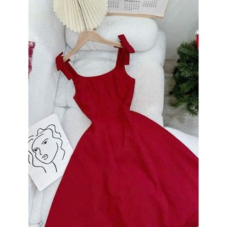 đầm midi đỏ xoè nơ vai