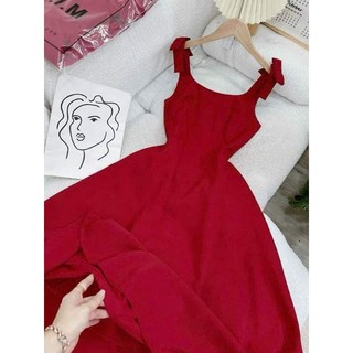 đầm midi đỏ xoè nơ vai