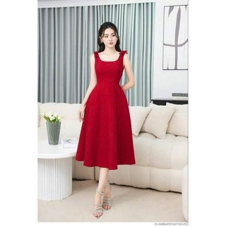 đầm midi đỏ xoè nơ vai