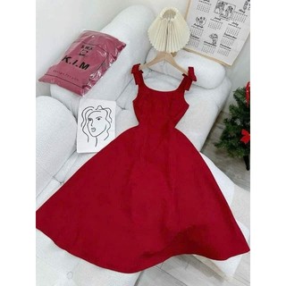 đầm midi đỏ xoè nơ vai