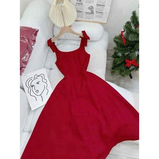 đầm midi đỏ xoè nơ vai