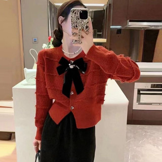  Áo khoác cadigan nữa cổ tiểu thư phối cổ nơ 