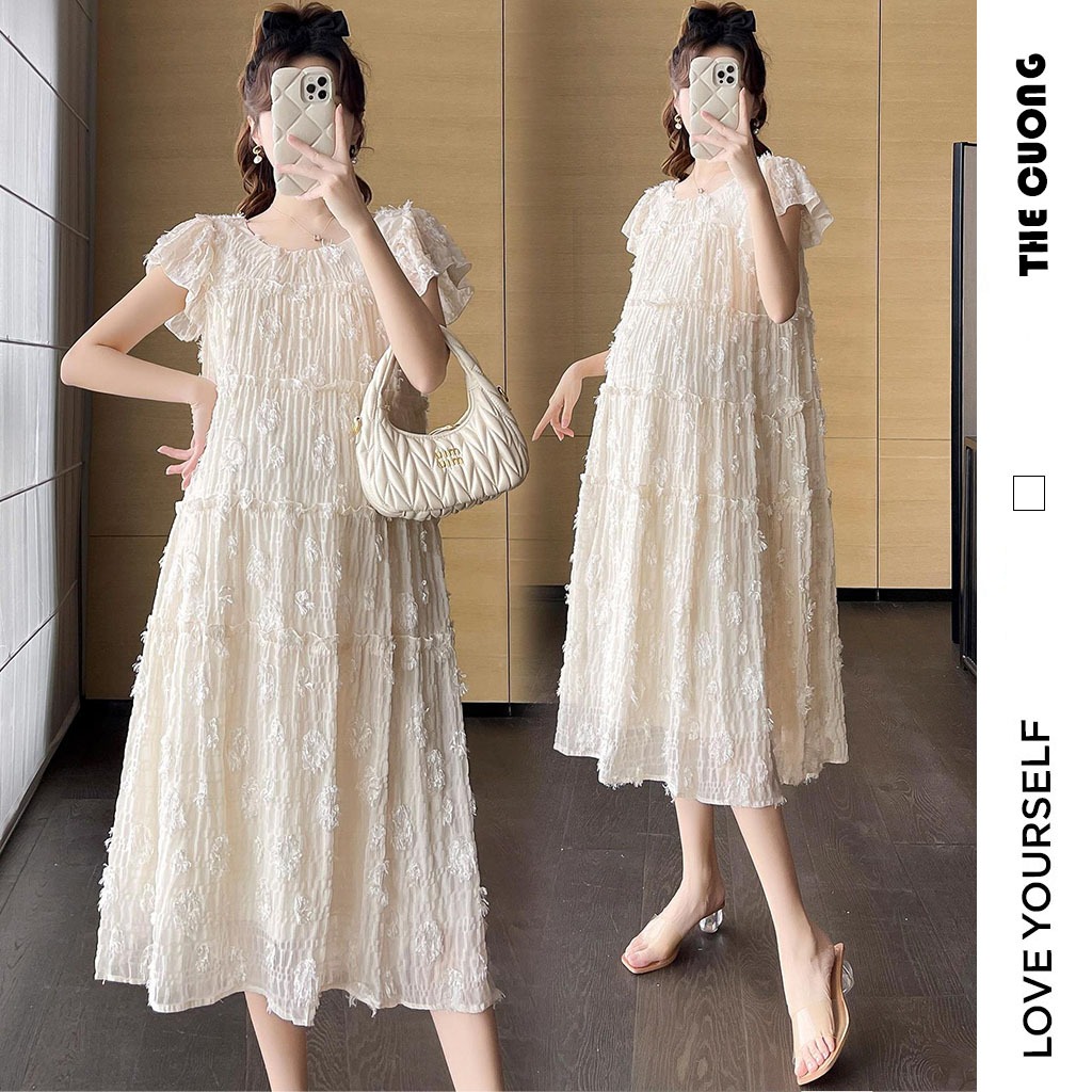 ĐẦM BẦU BABYDOLL REN XỐP HOA NỔI C8709 CÁNH TIÊN MÀU BE THANH LỊCH - VÁY BẦU CÔNG SỞ DỰ TIỆC DÁNG SUÔNG SANG CHẢNH ĐẸP