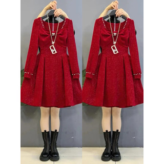 MẬP STYLE ĐẦM KIM TUYẾN NƠ ĐỎ ĐÍNH CƯỜM, CHẤT DẠ TWEED CAO CẤP SIZE 50-90 KG