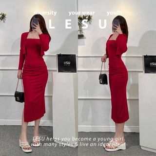 ẢNH TỰ CHỤP Set Đầm ống midi ĐỎ