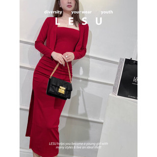 ẢNH TỰ CHỤP Set Đầm ống midi ĐỎ