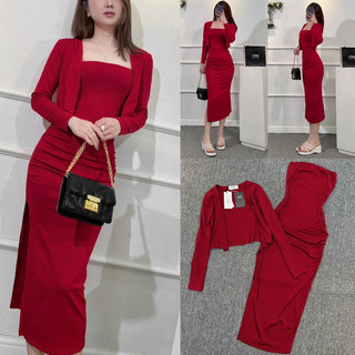 ẢNH TỰ CHỤP Set Đầm ống midi ĐỎ