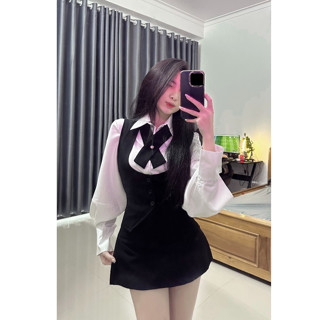 BIGSIZE HIẾU HIẾU (55-95KG) - Set 3 món cà vạt chéo Áo gile + Chân váy + Sơ mi tay dài trắng