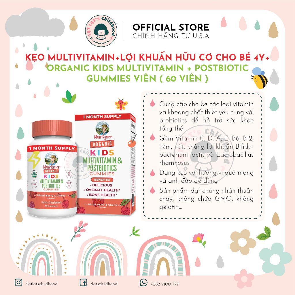 KẸO MULTIVITAMIN+LỢI KHUẨN HỮU CƠ CHO BÉ 4Y+ ORGANIC KIDS MULTIVITAMIN + POSTBIOTIC GUMMIES VIÊN [ 60 VIÊN ]