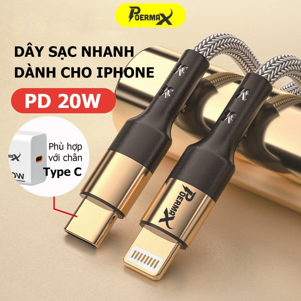 Dây sạc nhanh Poermax 20w C-LN bọc dù siêu bền dùng cho dòng máy iphone XS, iphone 11, iphone 12, iphone 13, iphone 14