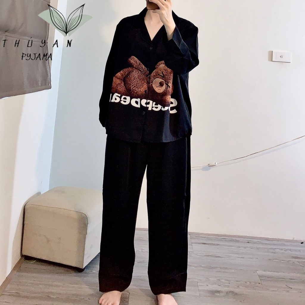 Bộ Pijama nữ bigsize gấu nâu tay dài chất lụa Mango