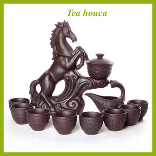 Bộ ấm chén pha trà đẹp cối xay gốm sứ tử sa cao cấp,Bộ chén uống trà đạo mã đáo thành công 11 chi tiết màu nâu đen