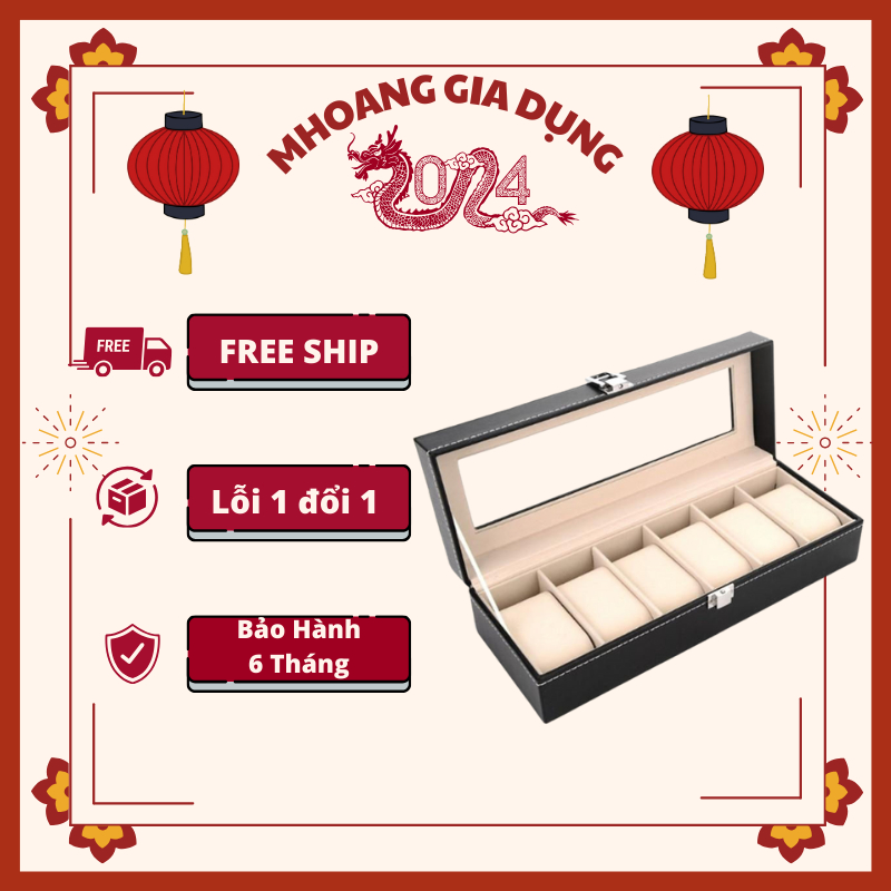 Hộp đựng đồng hồ vỏ da cao cấp 6 ngăn có khoá thiết kế tinh tế nhỏ gọn