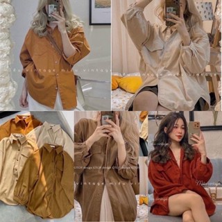 Áo Sơ Mi Nhung Tăm Nam Nữ Unisex Dáng Rộng Tay Phồng,  Áo Khoác Nhung Tăm Nam Nữ Oversize