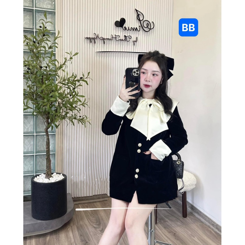 Váy Nhung Phối Nơ Tafta