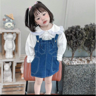Xả hàng, váy bé gái, set váy yếm jean tai thỏ kèm áo thô cổ sen ren to  cho bé 10-18kg
