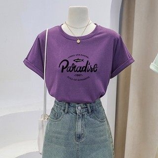 Áo thun nữ form vừa màu tím, In hình PARADISE, chất vải cotton 100% thoáng mát, co giãn 4 chiều, mềm mịn.